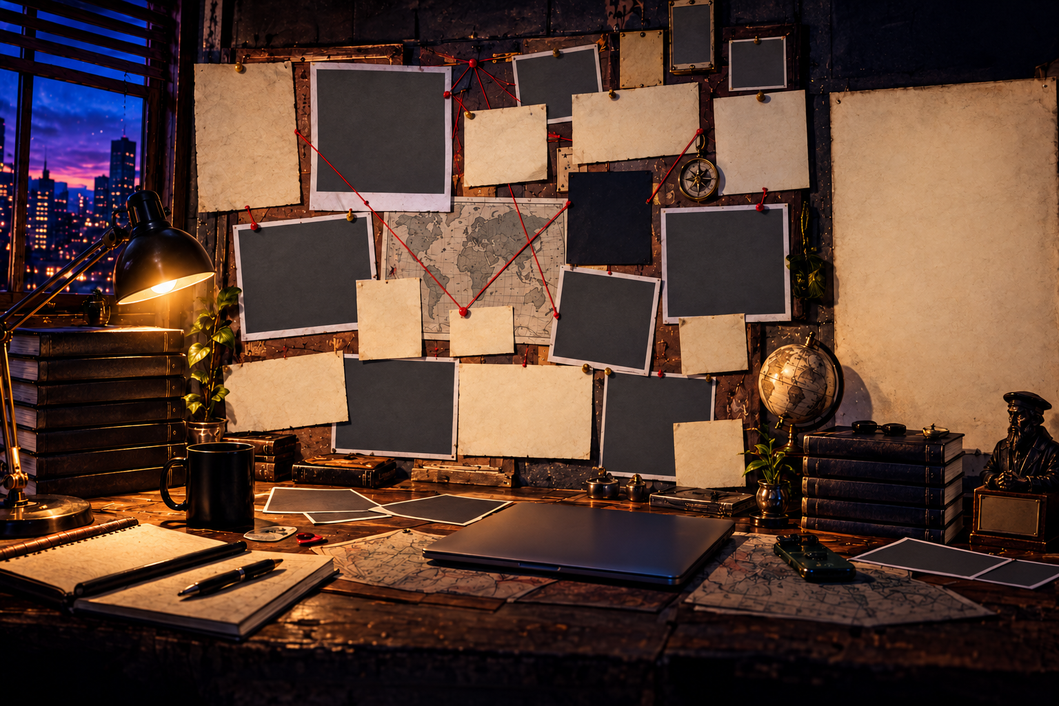 A lamplit investigation wall with red strings, a map, blank photo frames, books and a writing desk.