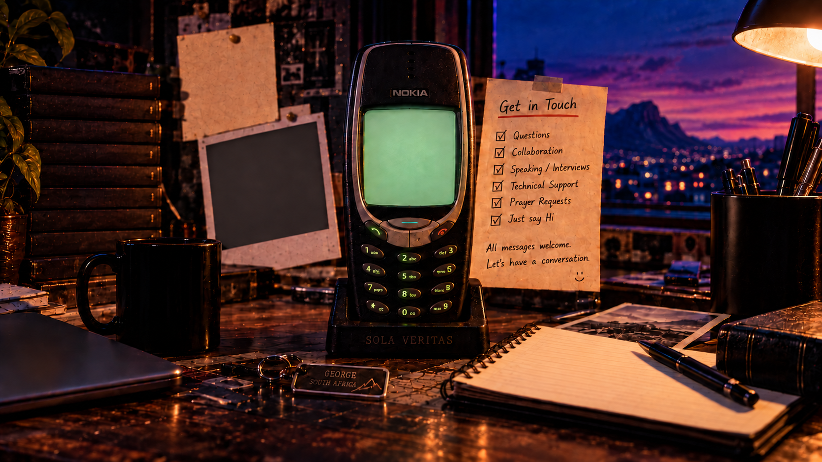 A Nokia on Arend's lamplit desk, beside a handwritten invitation to get in touch, overlooking a blue-purple mountain skyline.
