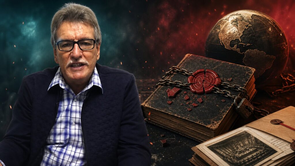 Hannes Redelinghuys with a chained Bible and globe, illustrating the worldwide ban claim