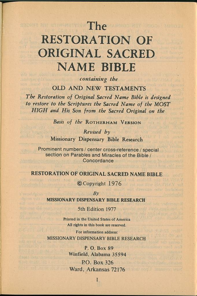 Title page of the Restoration of Original Sacred Name Bible stating that it is based on the Rotherham Version
