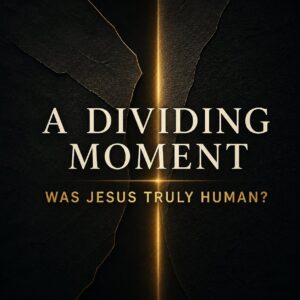Editorial artwork showing a bright dividing line and the question: Was Jesus truly human?