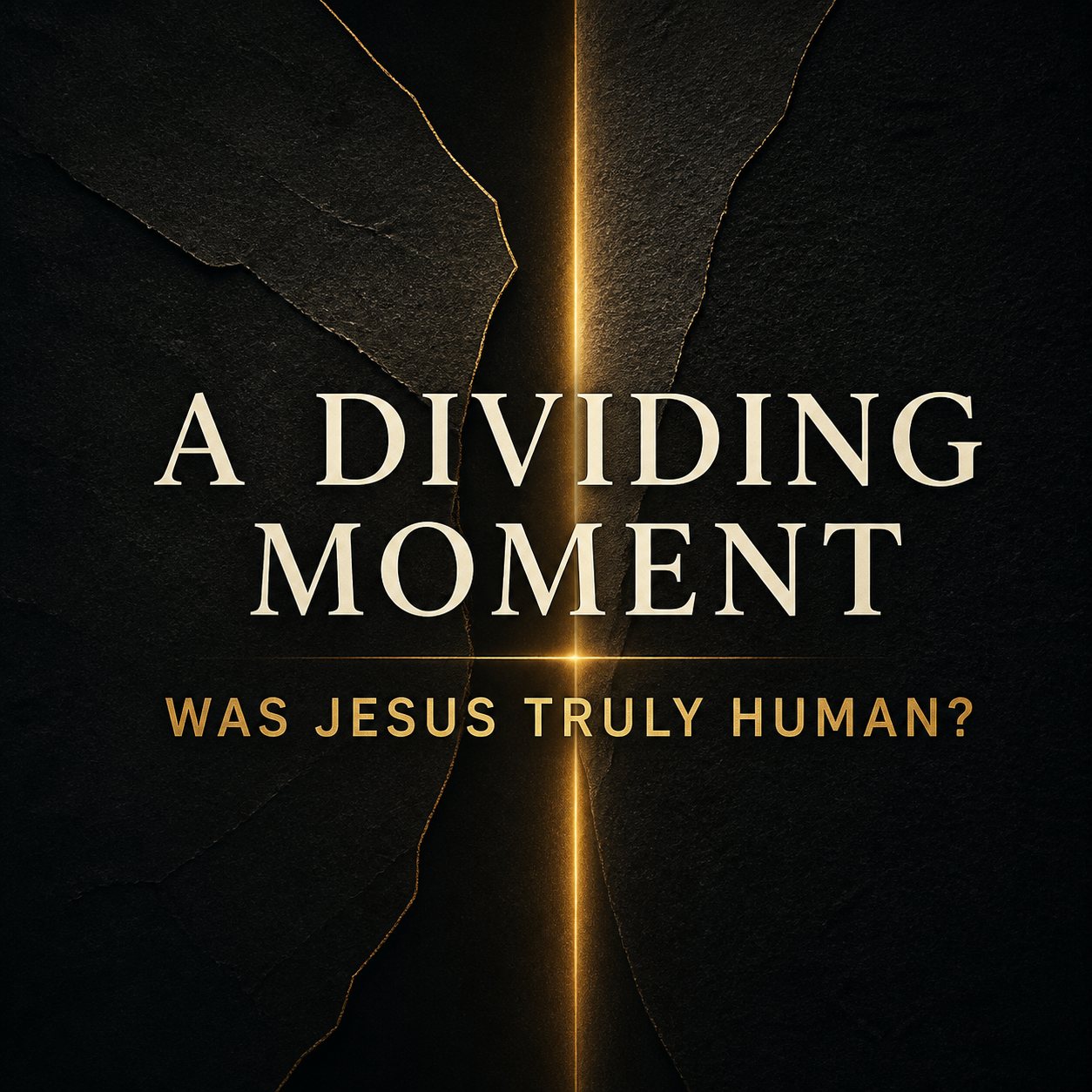 Editorial artwork showing a bright dividing line and the question: Was Jesus truly human?