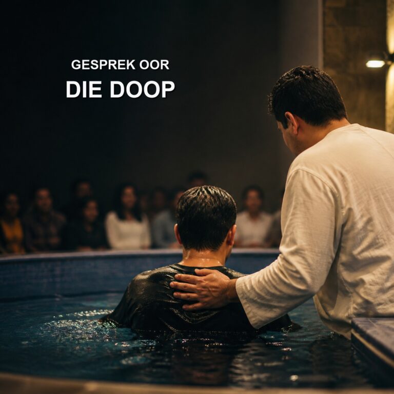Adult baptism in a church pool for an Afrikaans conversation about baptism.