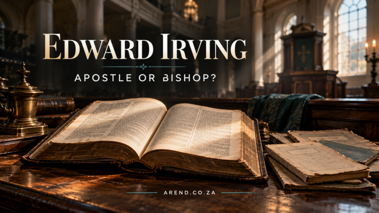 Editorial illustration of a Bible and historical pamphlets in a chapel, titled Edward Irving: Apostle or Bishop?