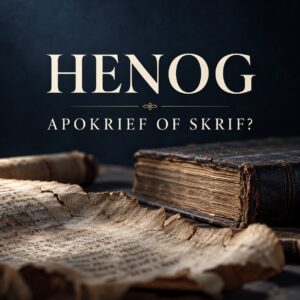 Henog: Apokrief of Skrif? Vierkantige voorblad met konseptuele manuskrip- en boekillustrasie.