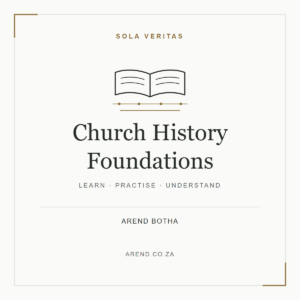 Church History Foundations course cover with an open manuscript and timeline motif in charcoal on white with gold accents.