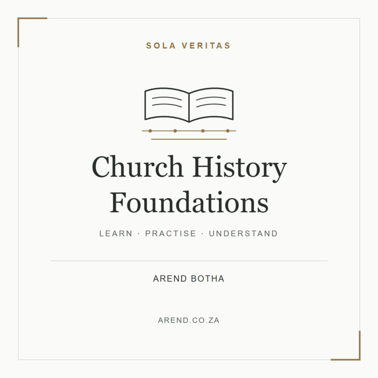 Church History Foundations course cover with an open manuscript and timeline motif in charcoal on white with gold accents.