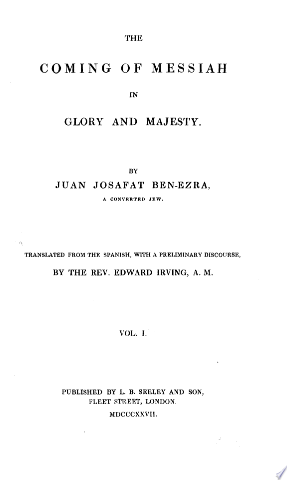Original 1827 title page identifying Edward Irving as the translator of The Coming of Messiah in Glory and Majesty.