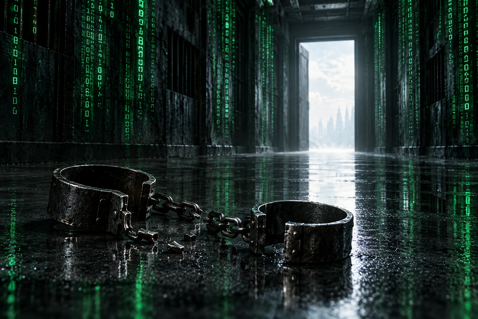 Broken steel shackles on a reflective floor in a dark corridor, with green digital code and an open doorway of white light.