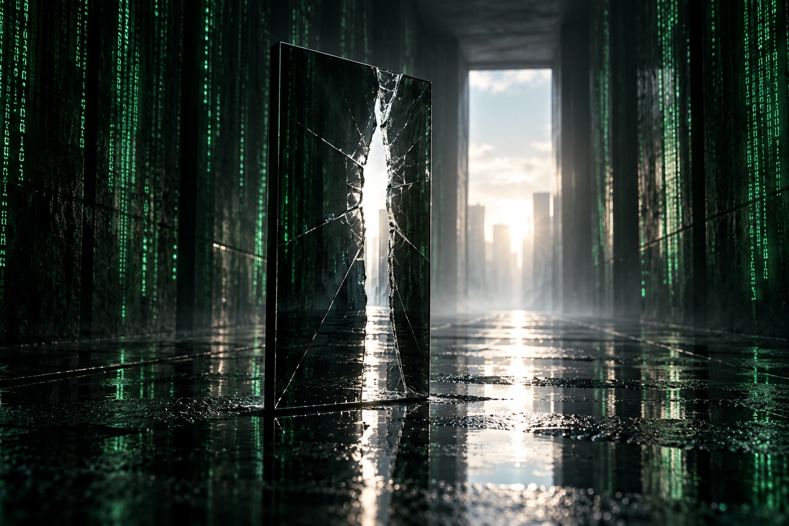 A fractured pane of dark glass in a green digital corridor, with white dawn light visible through the break.