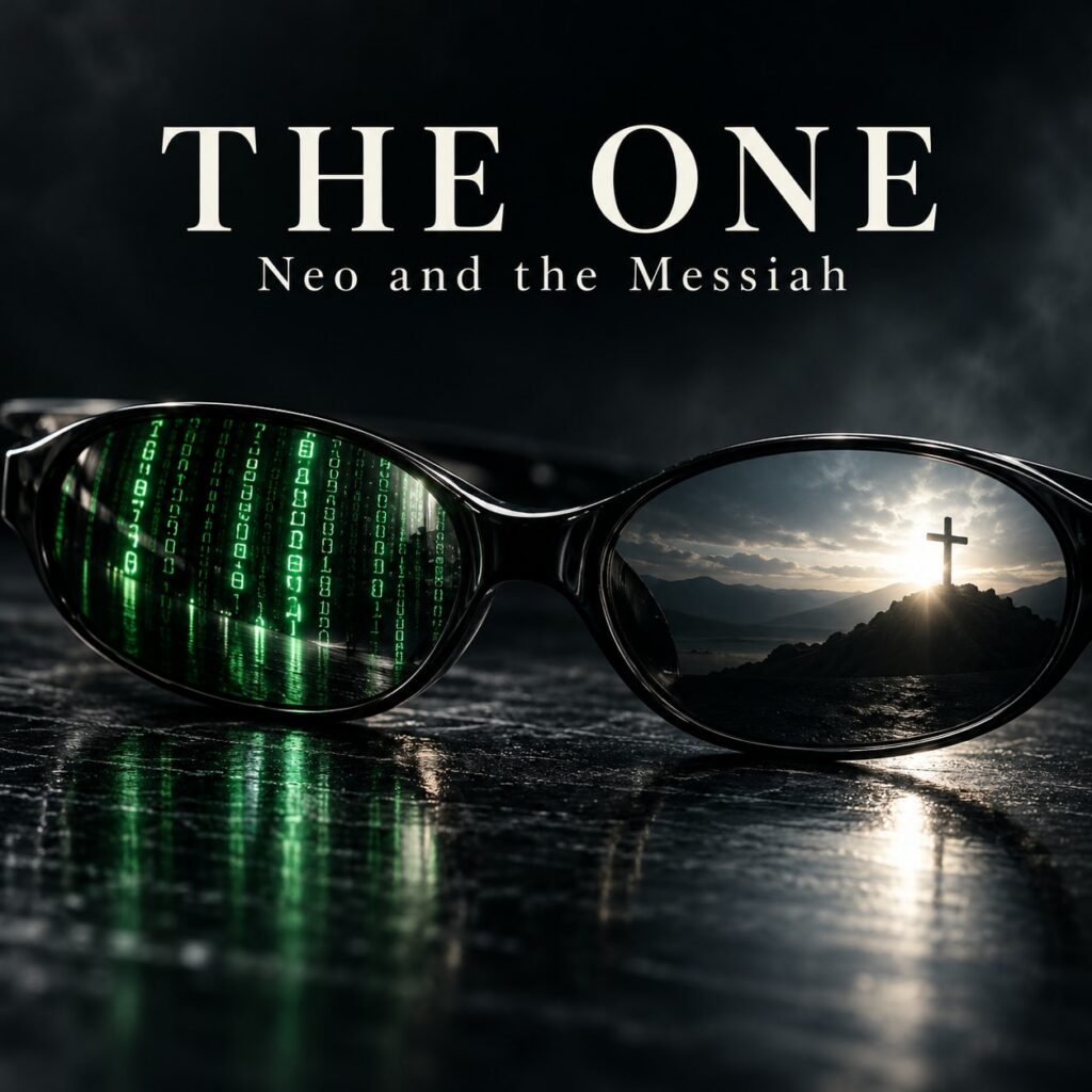 Black sunglasses reflecting green digital code in one lens and a distant cross in the other, with the title The One — Neo and the Messiah.