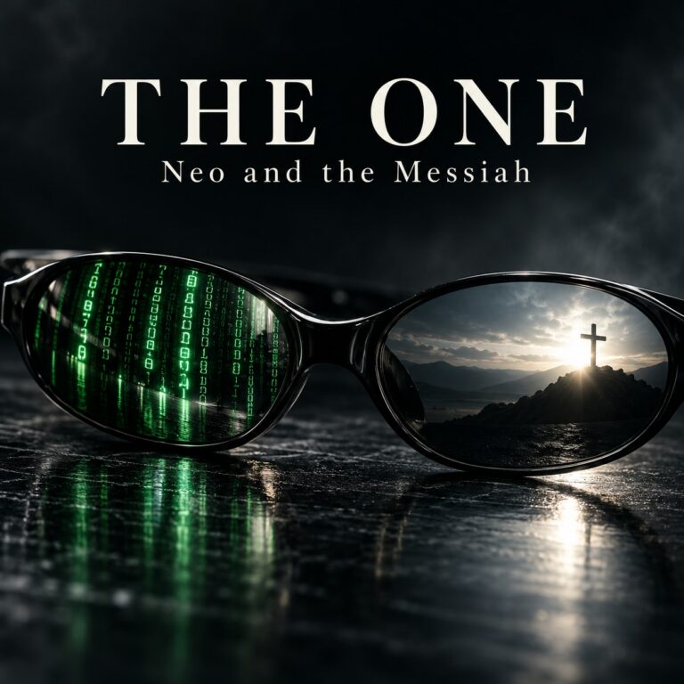 Black sunglasses reflecting green digital code in one lens and a distant cross in the other, with the title The One — Neo and the Messiah.